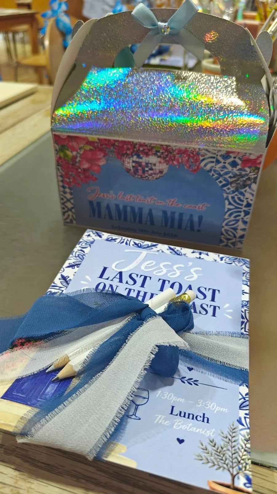 Custom Mamma Mia themed keepsake gift box and stationery