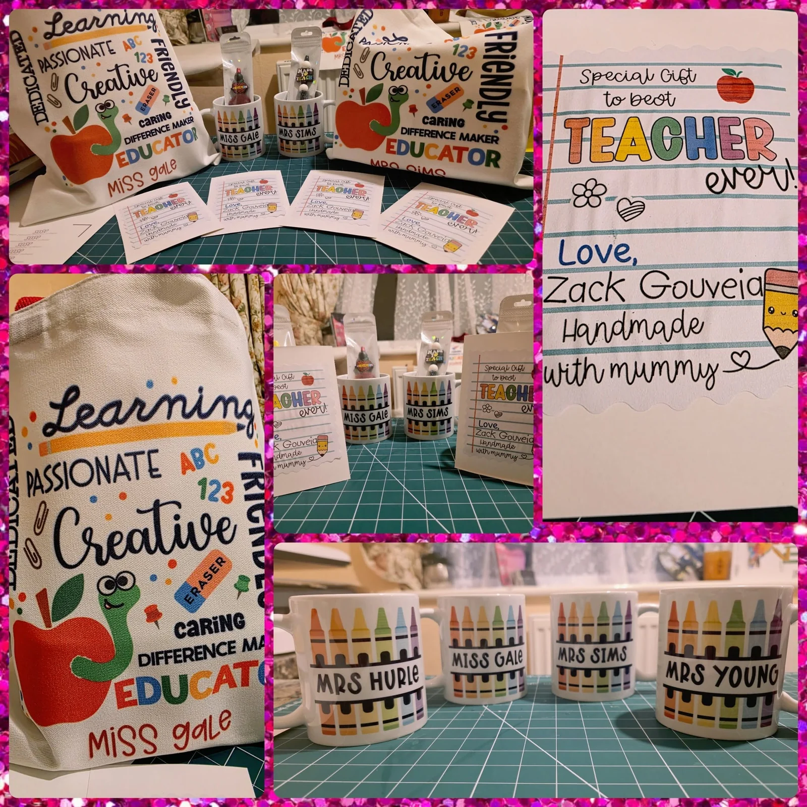 A collage of personalised teacher gift products made by Lily's Home Made